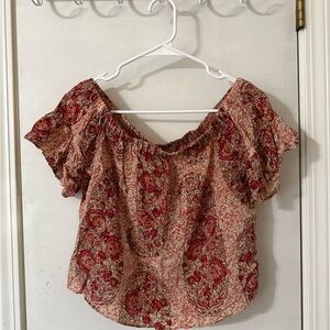 Madewell Brown and Pink Puff Sleeve Smocked Blouse
